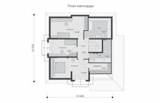 Одноэтажный дом с мансардой, гаражом, террасой и балконами