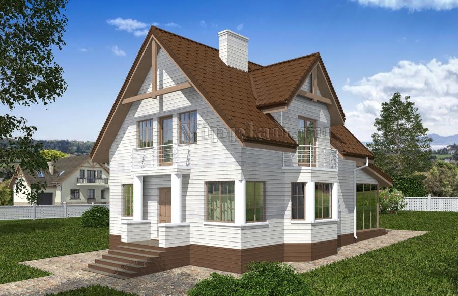 Одноэтажный дом с верандой и балконами