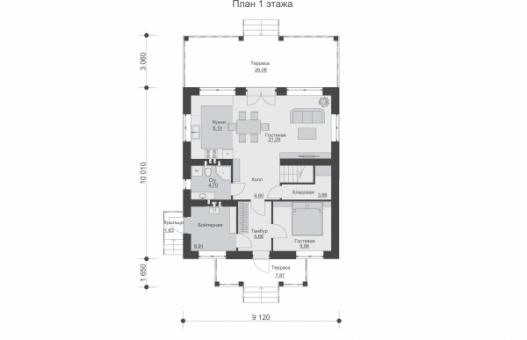 Двухэтажный дом с террасой, кухней-гостиной, гостевой и четыремя спальнями