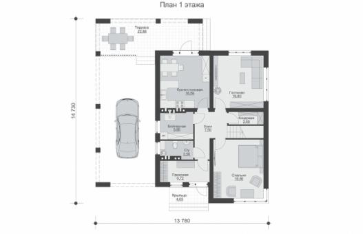 Двухэтажный дом с навесом для машины, балконом и большой эксплуатируемой террасой