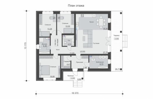 Одноэтажный дом с крыльцом, террасой и тремя спальнями